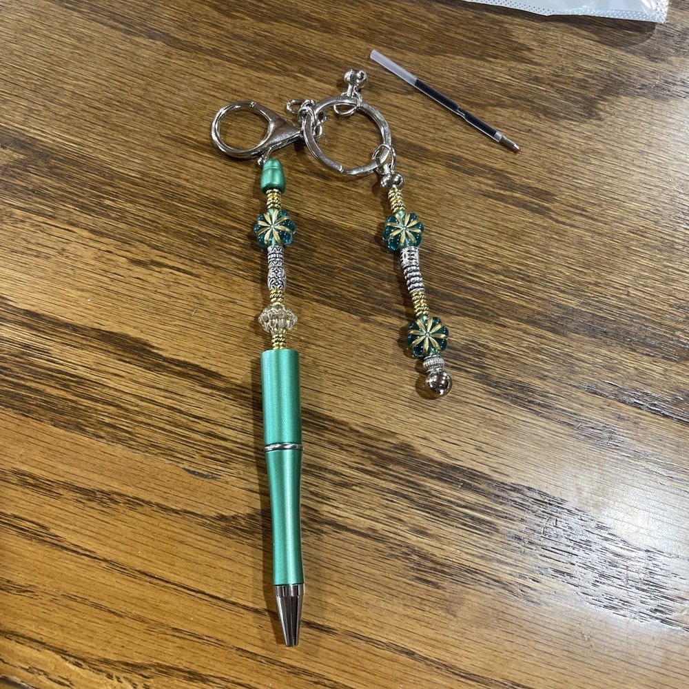 Decorated Multi Color Ink Pen + Refill & Matching Key Chain Beaded Handmade NEW - Picture 2 of 5